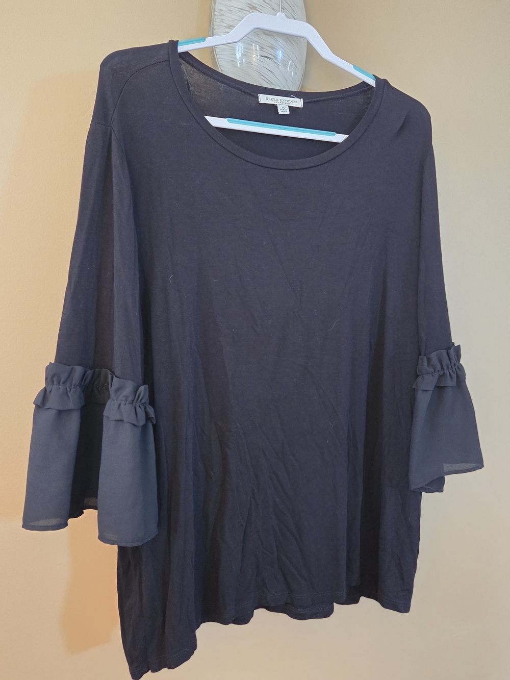 Green Envelope Black Ruffle Bell-Sleeve Tunic